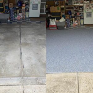 A before-and-after image shows a bare concrete garage floor and the same garage with a beautiful epoxy floor coating.